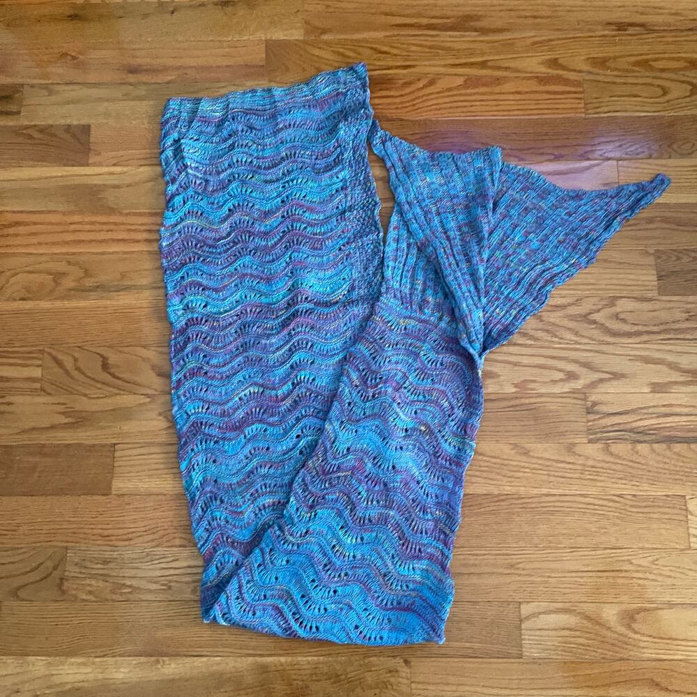 Mermaid Tail Blanket Crochet Blue Purple 74x35 Feather Fan Stitch Cozy NWOT